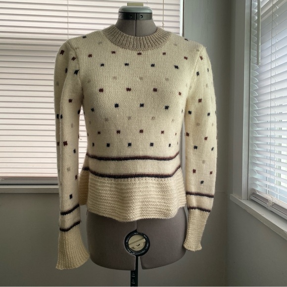 Women's Handknit Sweater Off White Brown Polka Dot Long Sleeve Size Handmade XXS - Picture 1 of 9